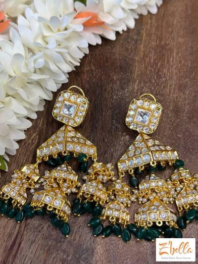 Kundan 3 Tier Jhumka With Green Beads Earrings Gold Tone