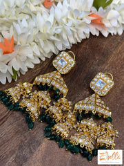 Kundan 3 Tier Jhumka With Green Beads Earrings Gold Tone