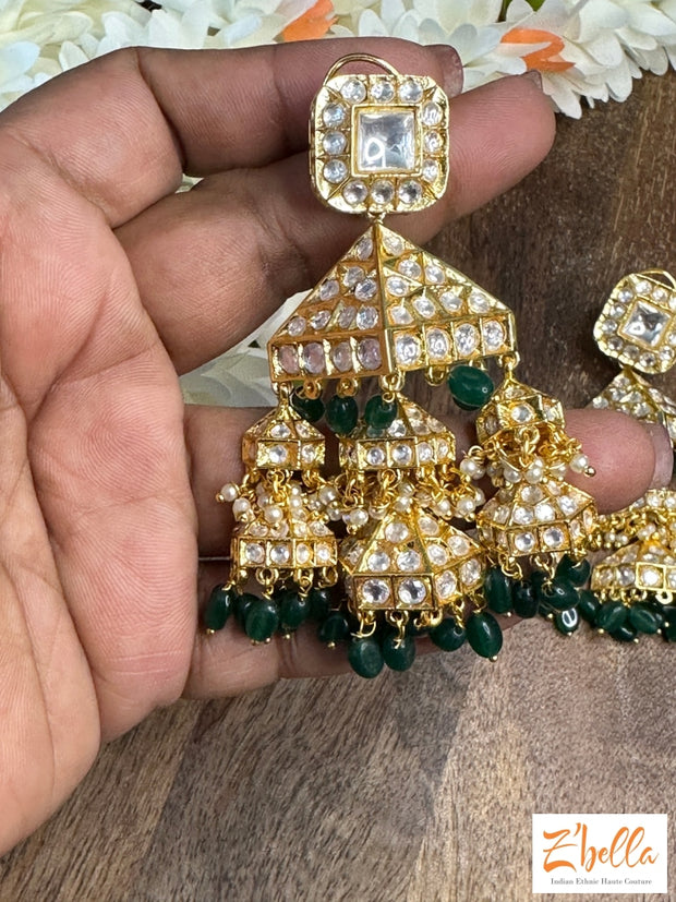 Kundan 3 Tier Jhumka With Green Beads Earrings Gold Tone