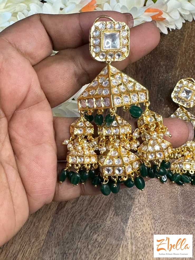 Kundan 3 Tier Jhumka With Green Beads Earrings Gold Tone