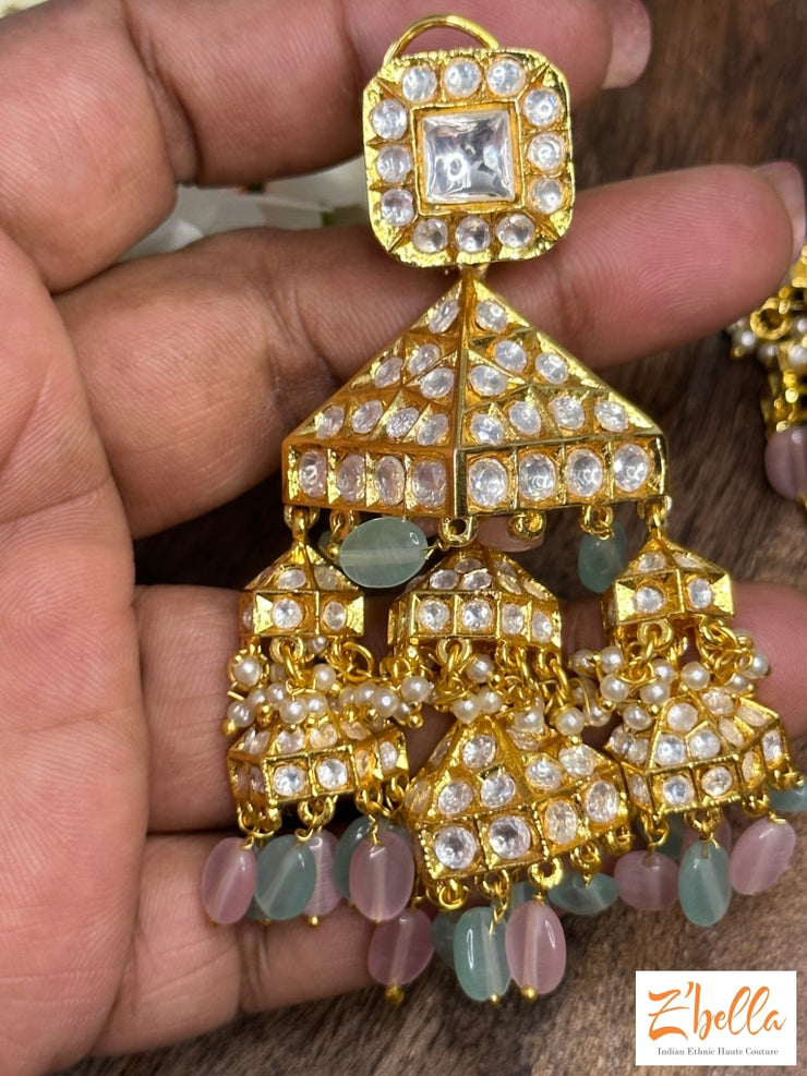 Kundan 3 Tier Jhumka With Pink And Mint Beads Earrings Gold Tone