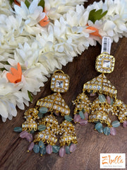 Kundan 3 Tier Jhumka With Pink And Mint Beads Earrings Gold Tone