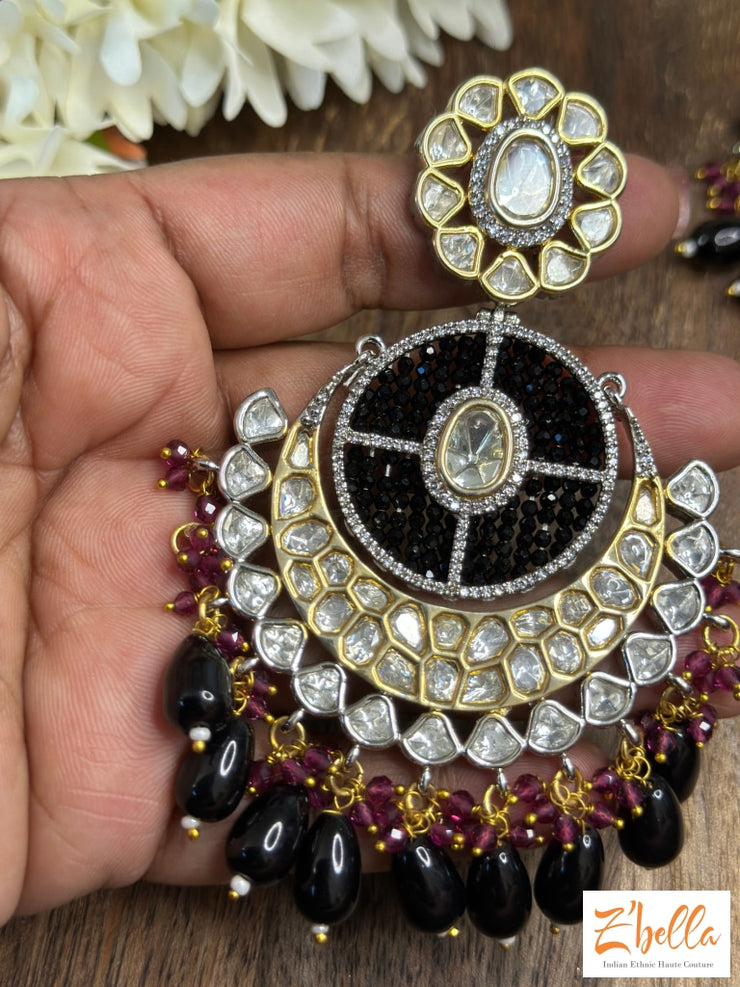 Kundan Chandelier Earrings With Black And Red Beads Earrings Gold Tone