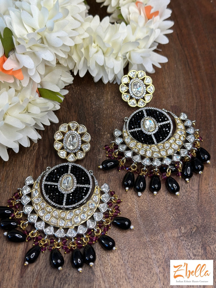 Kundan Chandelier Earrings With Black And Red Beads Earrings Gold Tone