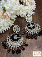 Kundan Chandelier Earrings With Black And Red Beads Earrings Gold Tone