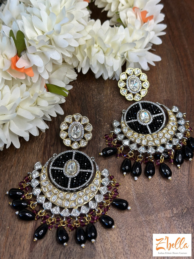 Kundan Chandelier Earrings With Black And Red Beads Earrings Gold Tone