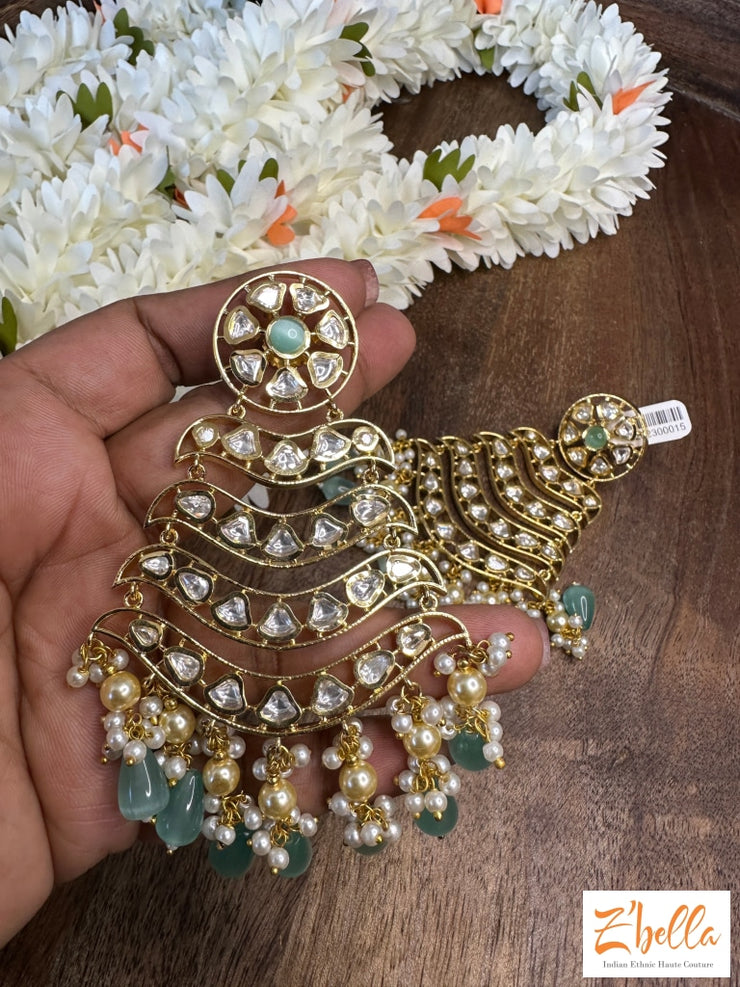 Kundan Chandelier Earrings With Mint Color Stone Earrings Gold Tone