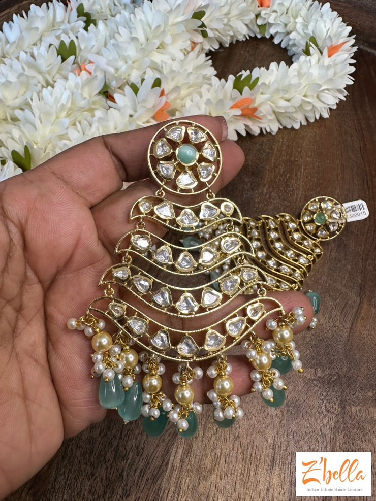 Kundan Chandelier Earrings With Mint Color Stone Earrings Gold Tone