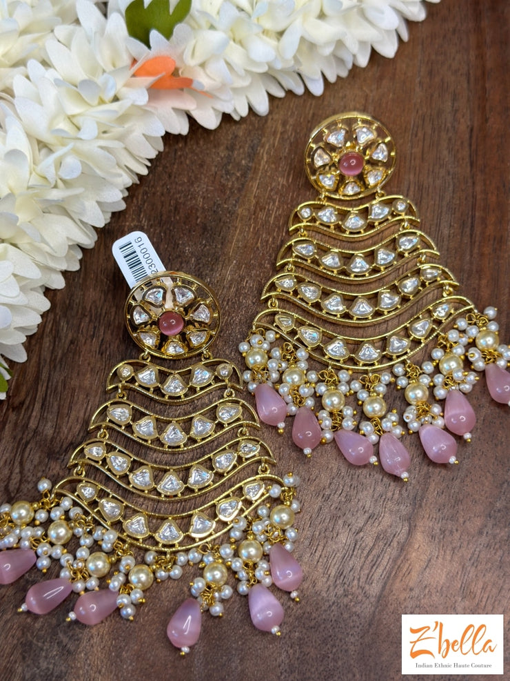 Kundan Chandelier Earrings With Pink Color Stone Earrings Gold Tone