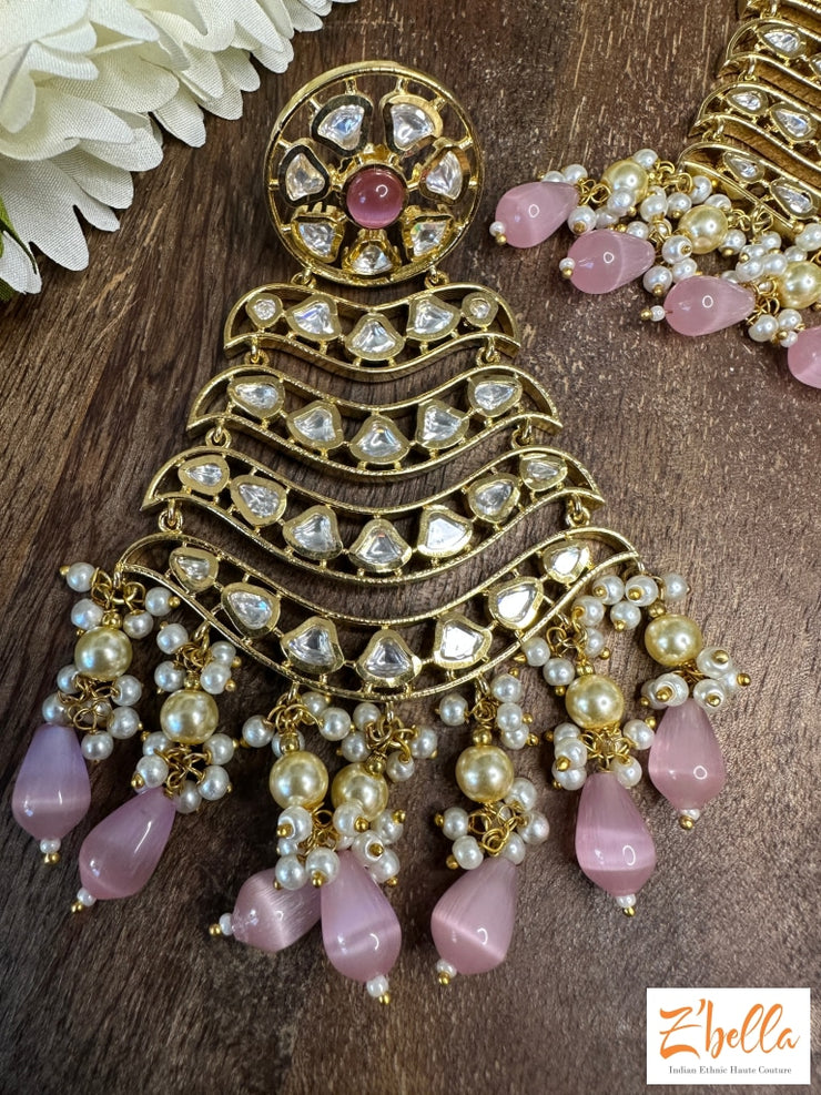 Kundan Chandelier Earrings With Pink Color Stone Earrings Gold Tone