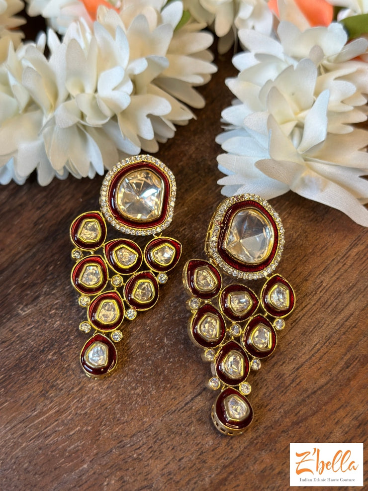Kundan Earrings With Maroon Meenakari Earrings Gold Tone