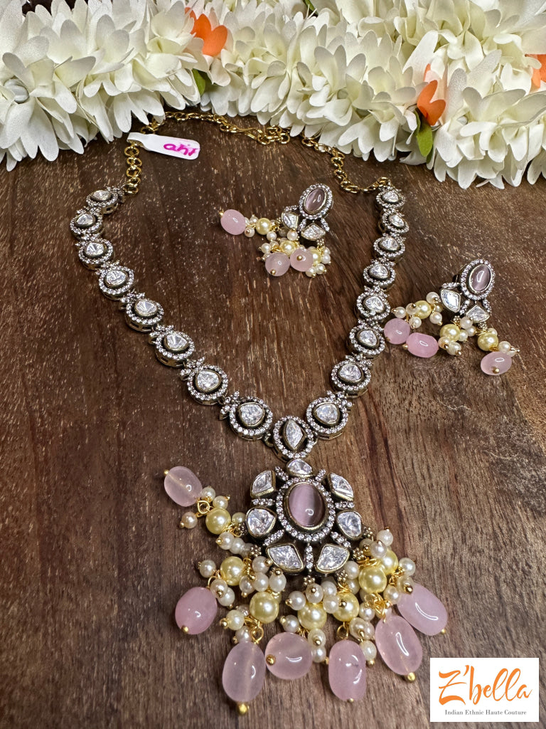 Kundan Stone Neckalce With Pink Beads And Earring Necklace
