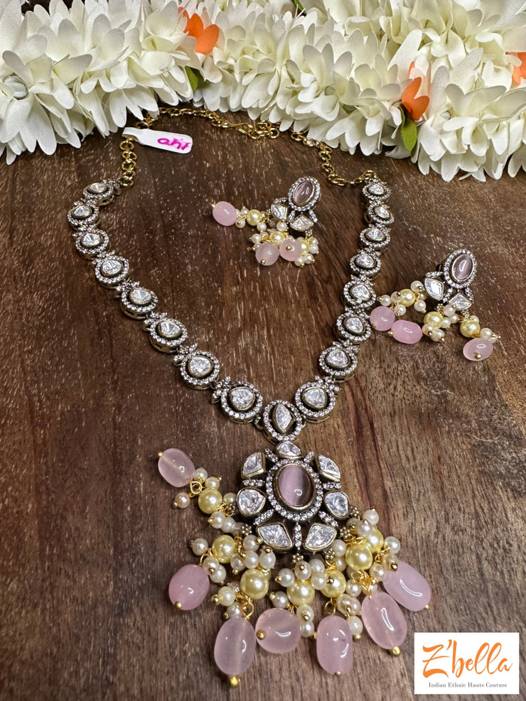Kundan Stone Neckalce With Pink Beads And Earring Necklace