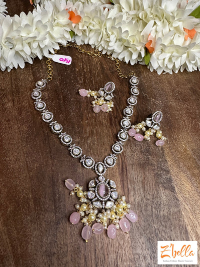 Kundan Stone Neckalce With Pink Beads And Earring Necklace