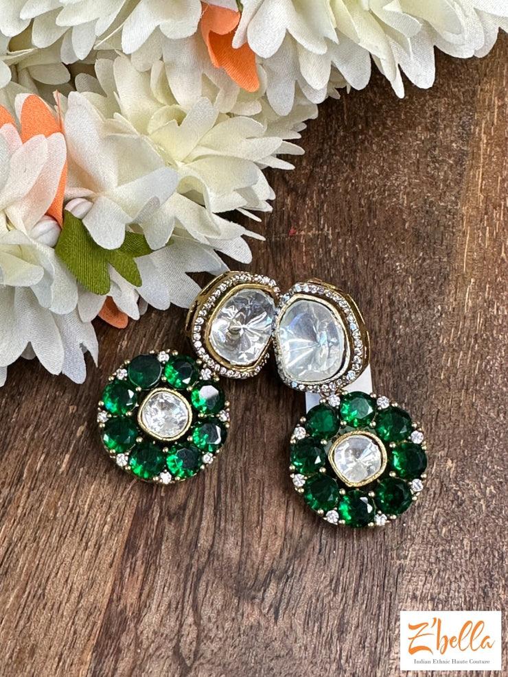 Kundan Stud With Green Stone Earrings Gold Tone