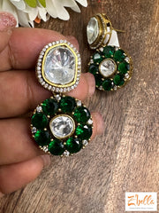Kundan Stud With Green Stone Earrings Gold Tone