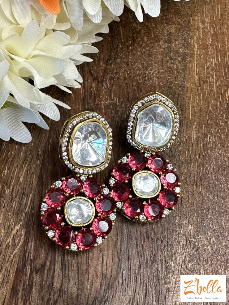 Kundan Stud With Red Stone Earrings Gold Tone