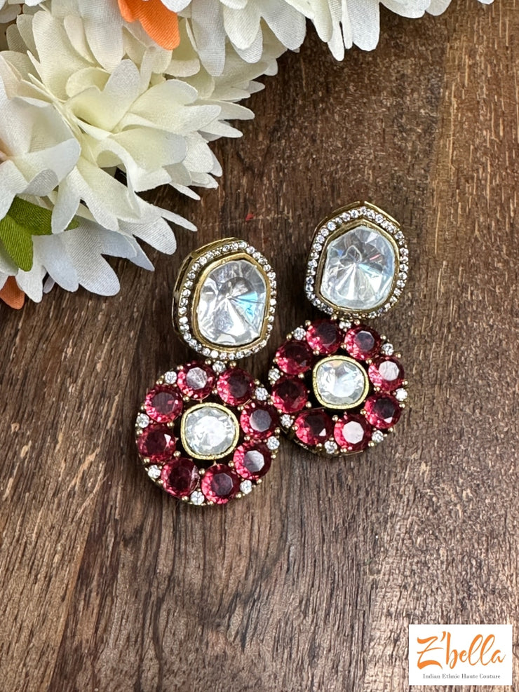 Kundan Stud With Red Stone Earrings Gold Tone