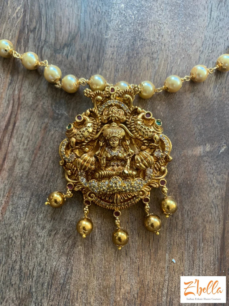 Lakshmi Pendent With Pearl Chain And Earrings Necklace