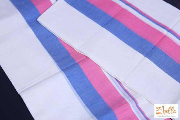 Light Blue And Pink Broder Set Mundu Set Mundu