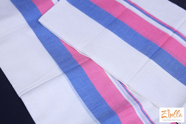 Light Blue And Pink Broder Set Mundu Set Mundu