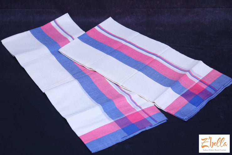 Light Blue And Pink Broder Set Mundu Set Mundu