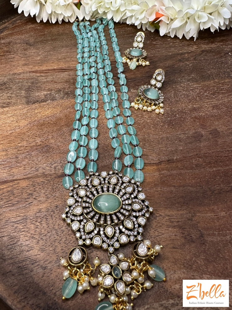 Light Blue Beads With Victorian Finish Pendent And Earings Necklace