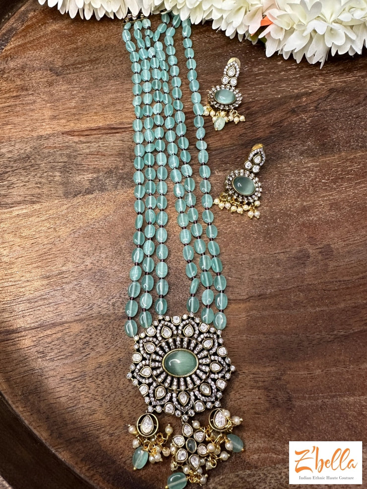 Light Blue Beads With Victorian Finish Pendent And Earings Necklace