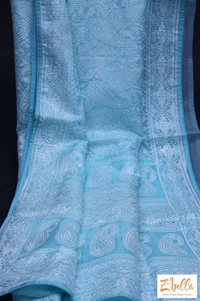 Light Blue Chikankari Organza Saree With Stitched Blouse Saree
