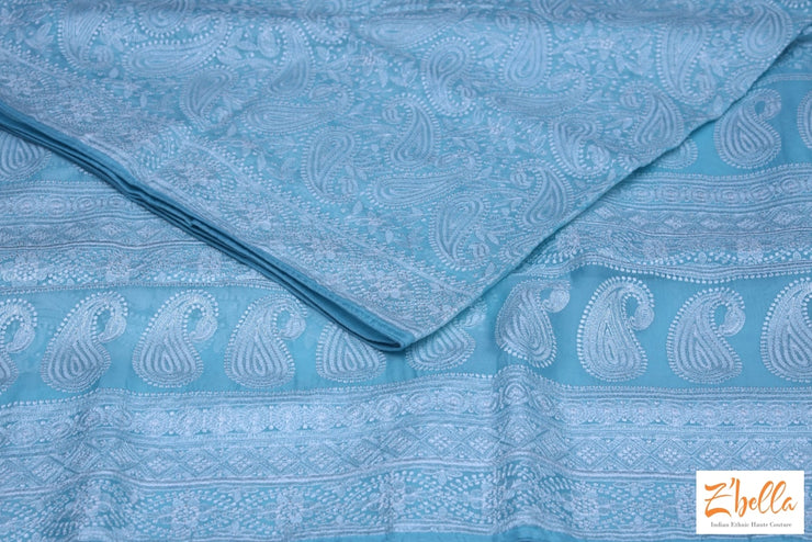 Light Blue Chikankari Organza Saree With Stitched Blouse Saree
