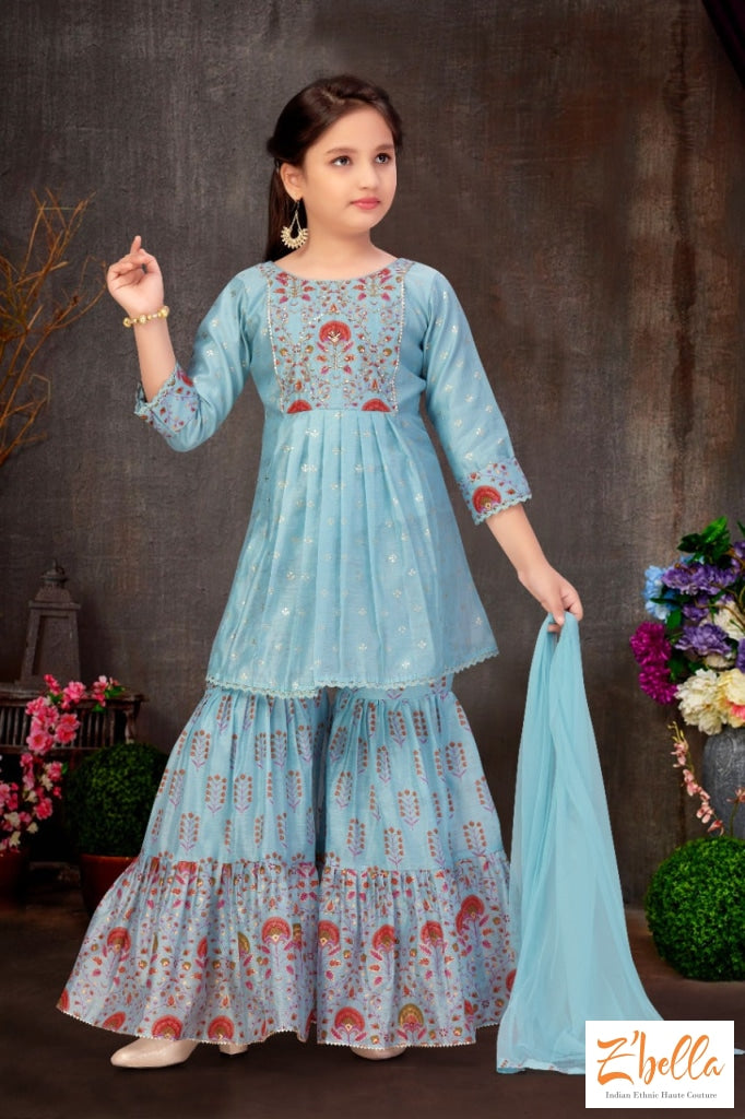 Light Blue Gharara With Short Kurti - 12 13 Yr Girl Kids Set