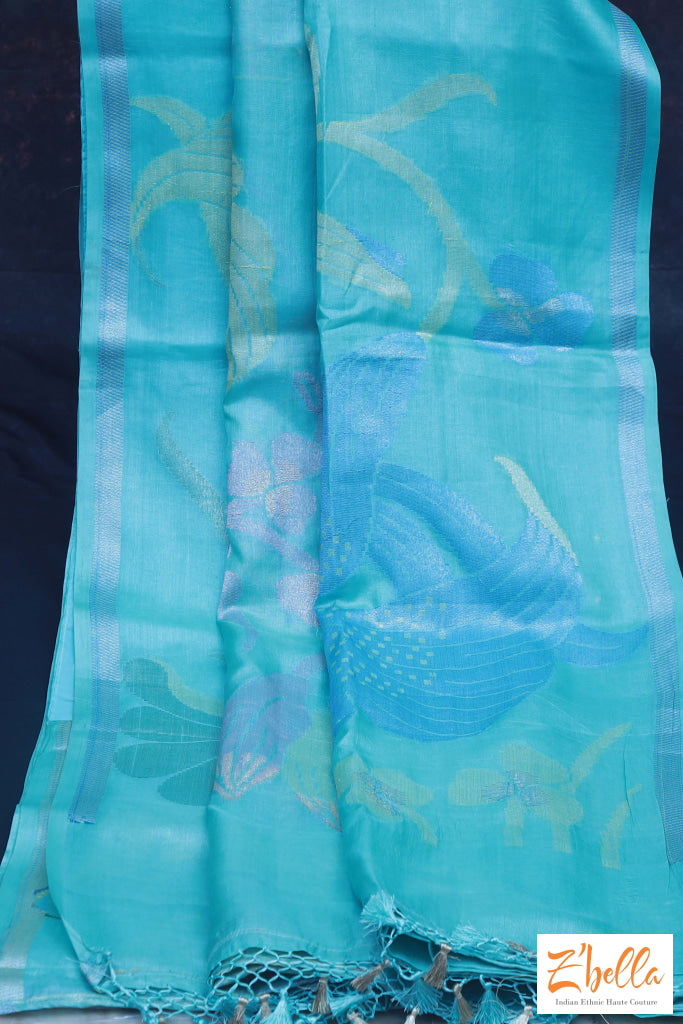 Light Blue Katan Designer Saree With Stitched Blouse Saree