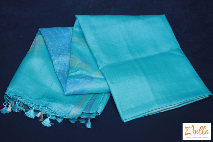 Light Blue Katan Designer Saree With Stitched Blouse Saree