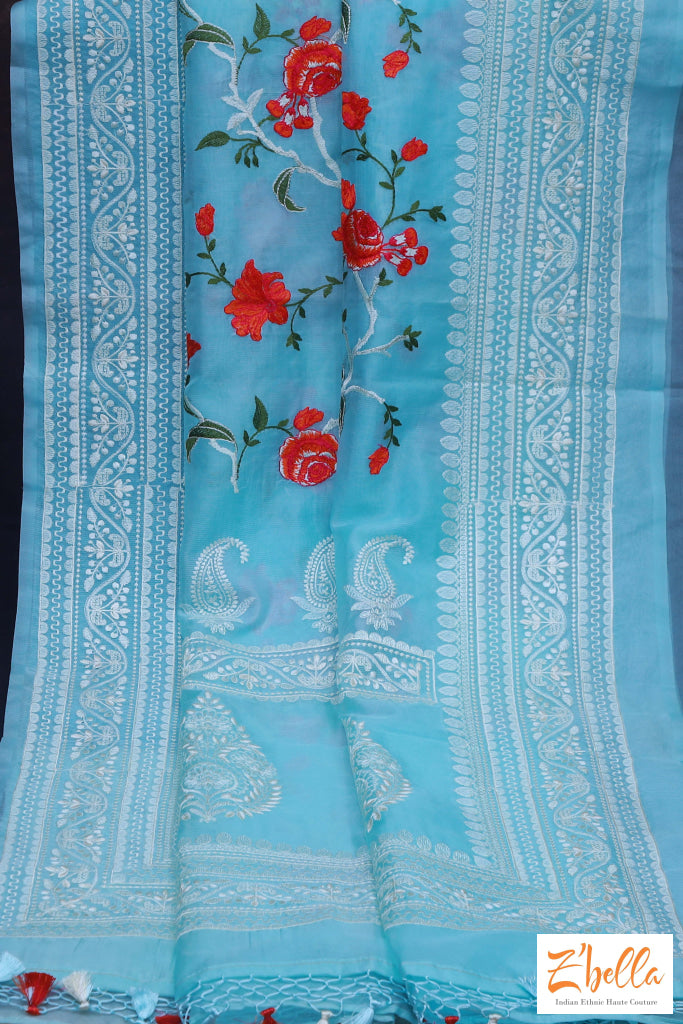 Light Blue Organza Saree With Embroidery Stitched Blouse Saree