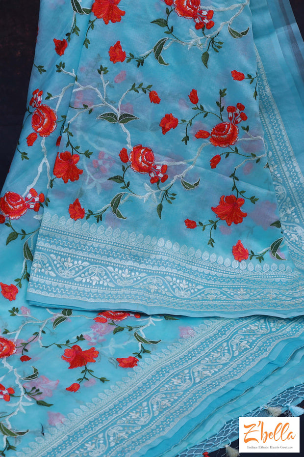 Light Blue Organza Saree With Embroidery Stitched Blouse Saree