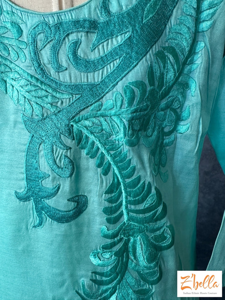 Light Blue Party Wear Kurti With Embroidery On Front And Back Neck Kurti
