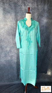 Light Blue Party Wear Kurti With Embroidery On Front And Back Neck Kurti
