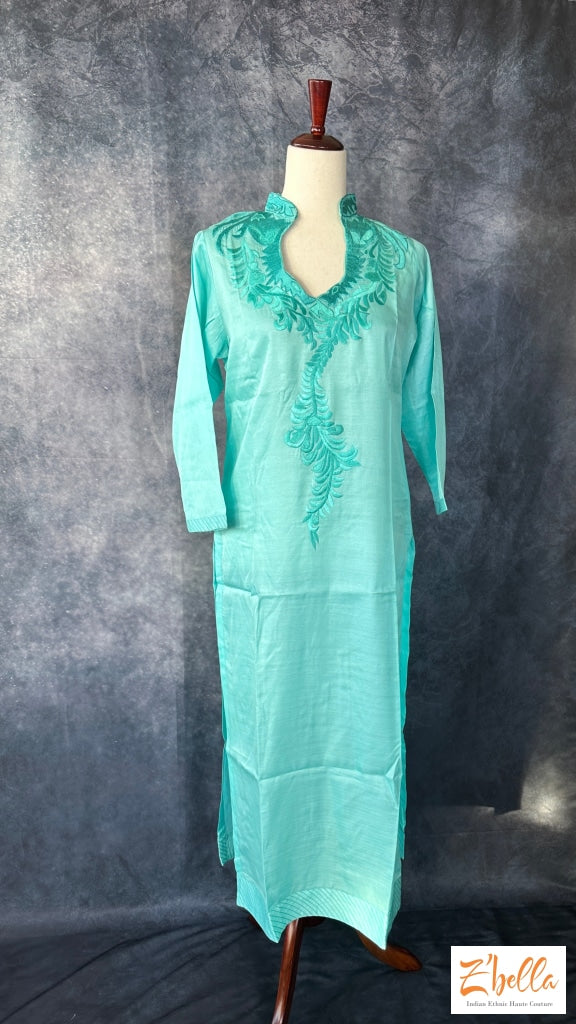 Light Blue Party Wear Kurti With Embroidery On Front And Back Neck Kurti