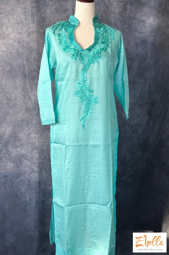 Light Blue Party Wear Kurti With Embroidery On Front And Back Neck Kurti