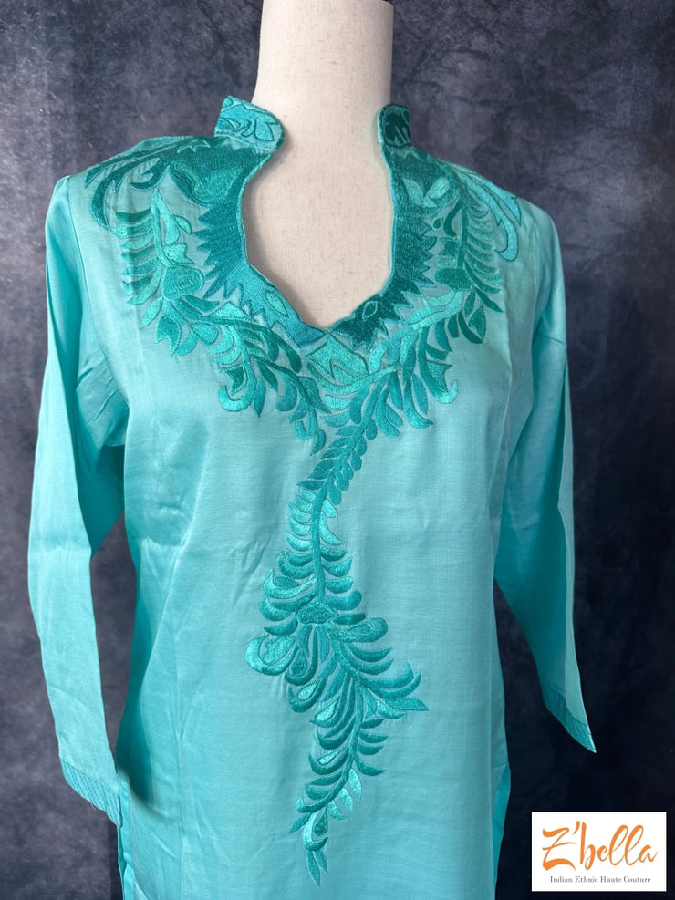 Light Blue Party Wear Kurti With Embroidery On Front And Back Neck Kurti