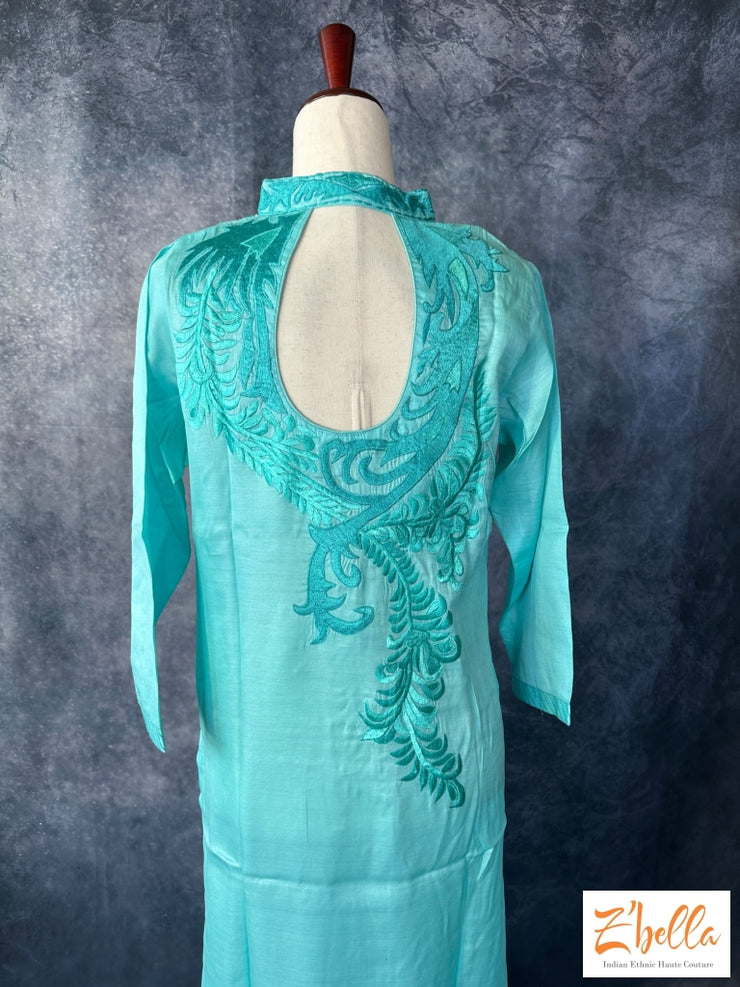 Light Blue Party Wear Kurti With Embroidery On Front And Back Neck Kurti