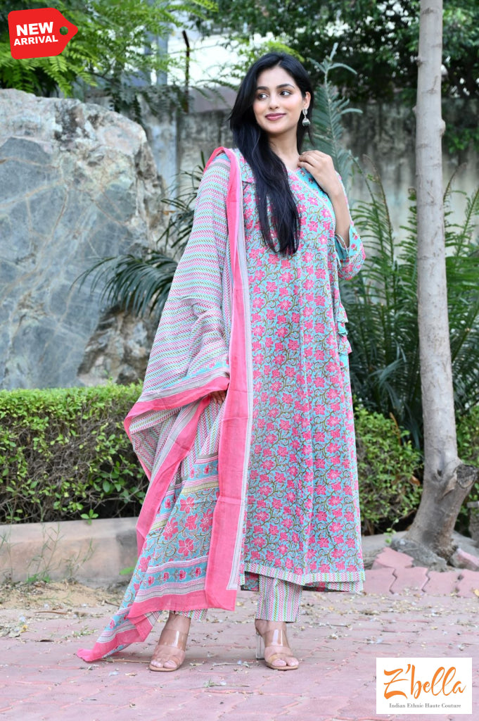 Light Blue Printed Angrakha Style Kurti With Bottom And Dupatta Kurti Set