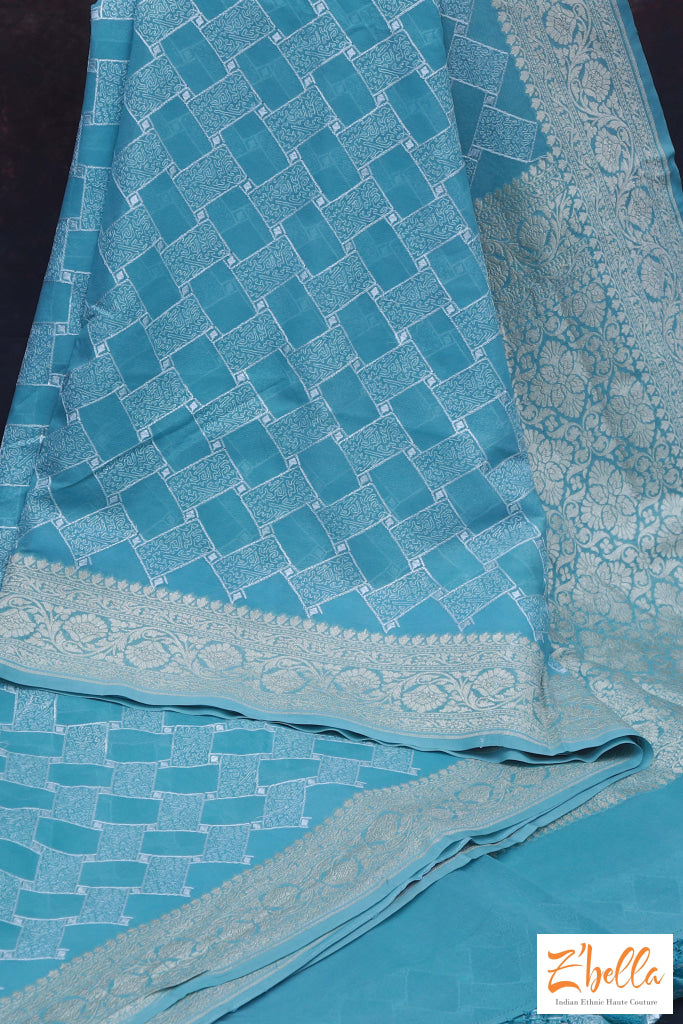 Light Blue Pure Banarsi Georgette Saree With Chikan Work Stitched Blouse Saree