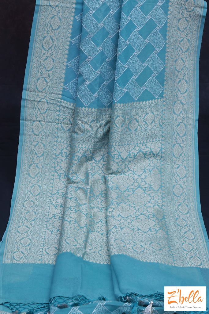 Light Blue Pure Banarsi Georgette Saree With Chikan Work Stitched Blouse Saree