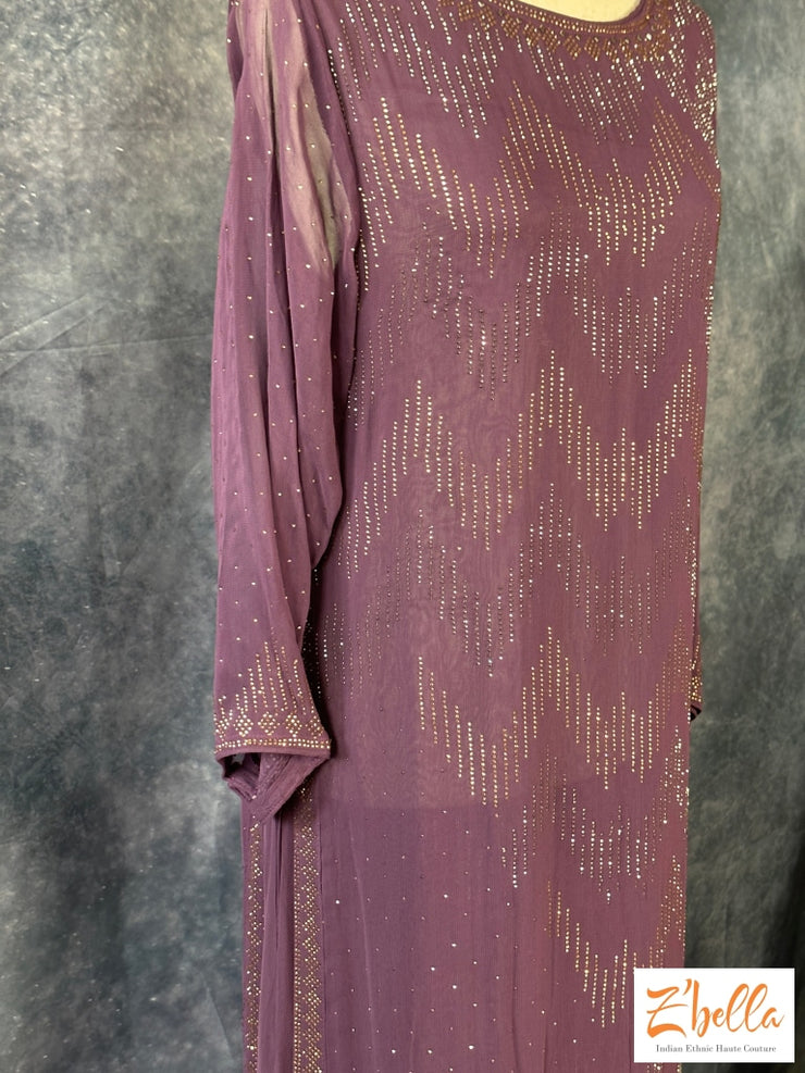 Light Eggplant Color Long Dress With Stone Work Kurti