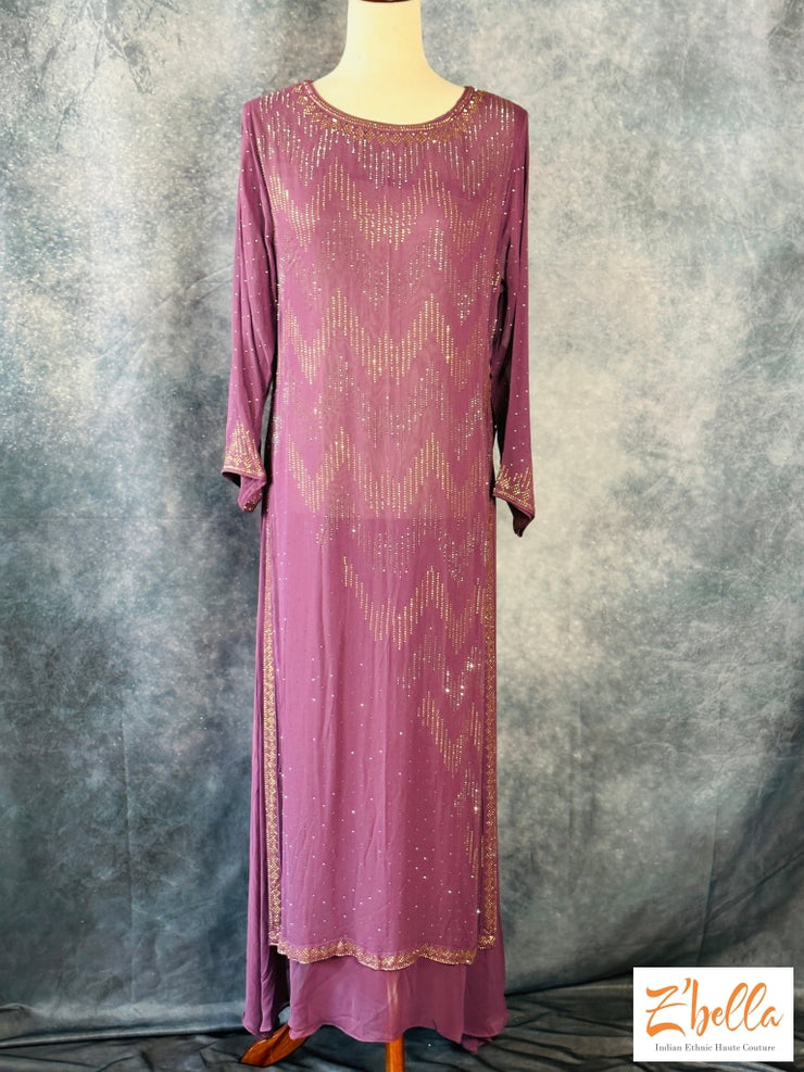 Light Eggplant Color Long Dress With Stone Work Kurti