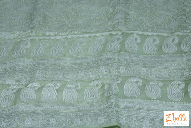 Light Green Chikankari Organza Saree With Stitched Blouse Saree