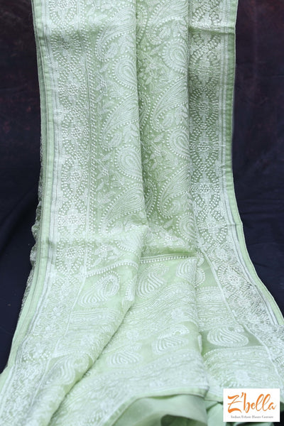 Light Green Chikankari Organza Saree With Stitched Blouse Saree