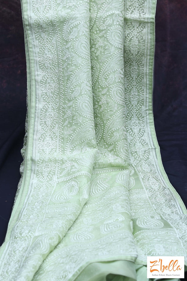 Light Green Chikankari Organza Saree With Stitched Blouse Saree