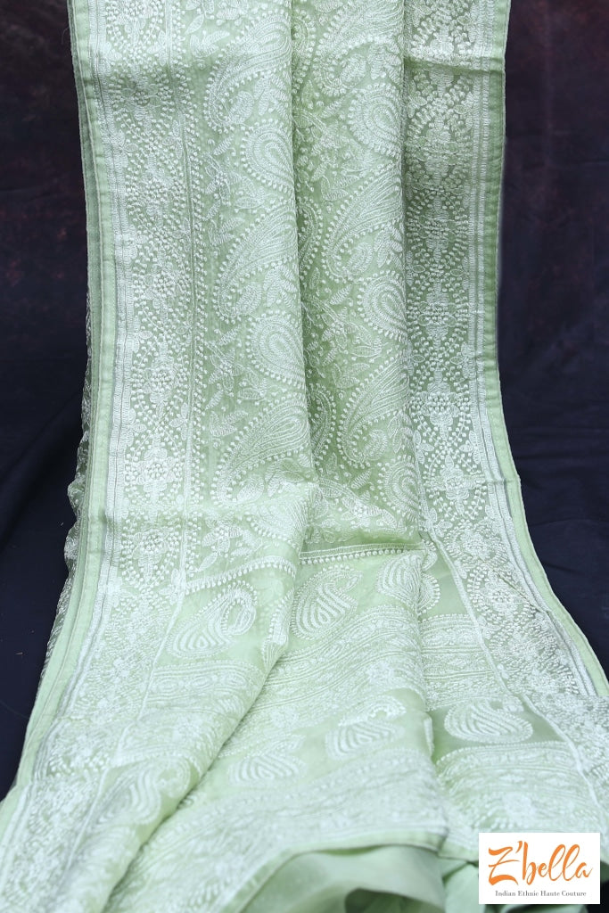 Light Green Chikankari Organza Saree With Stitched Blouse Saree